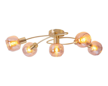 5er spot/plafondlamp "libby" messing, klassiek plafondlamp gemaakt van messing gekleurd metaal en getinte glas in barnsteen, met E14-aansluiting, voor eetkamer, woonkamer, gang of kantoor, 65,5 cm lang
