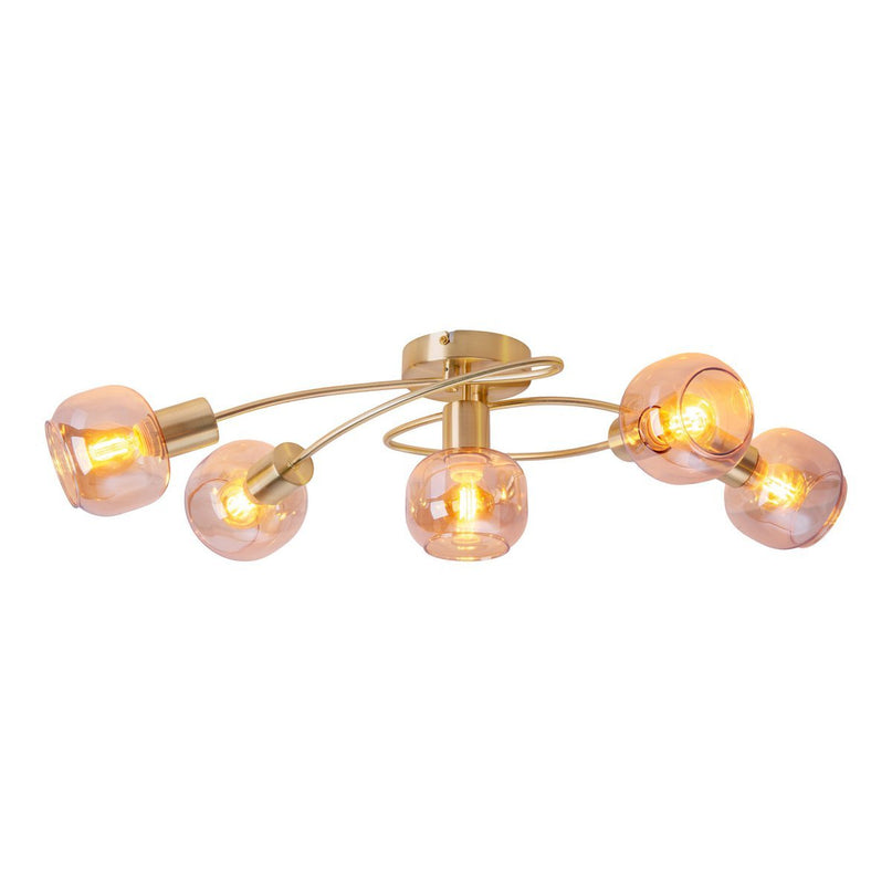 5er spot/plafondlamp "libby" messing, klassiek plafondlamp gemaakt van messing gekleurd metaal en getinte glas in barnsteen, met E14-aansluiting, voor eetkamer, woonkamer, gang of kantoor, 65,5 cm lang