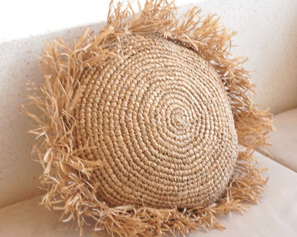 Rond Boho Kussen met Franjes Decoratief Kussen Ø40/50 cm Sierkussen van Raffia Bankkussen met Vulling TARAKAN beige