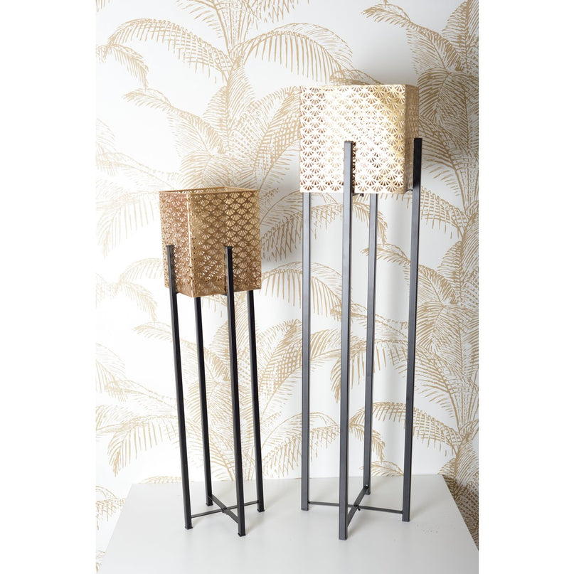 Metalen plantensteun met gouden ijzeren pot h.80 cm