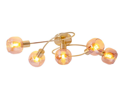5er spot/plafondlamp "libby" messing, klassiek plafondlamp gemaakt van messing gekleurd metaal en getinte glas in barnsteen, met E14-aansluiting, voor eetkamer, woonkamer, gang of kantoor, 65,5 cm lang