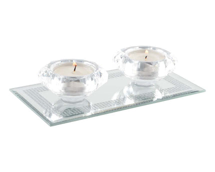 Double Crystal Candle Holder op Silver Mirror Rechthoekondersteuning