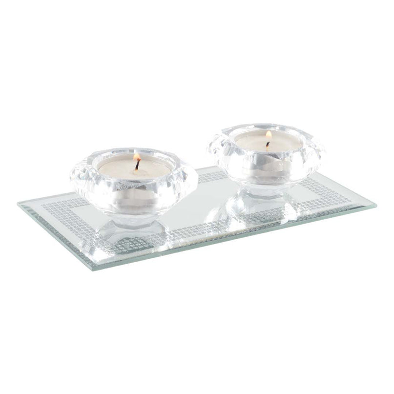 Double Crystal Candle Holder op Silver Mirror Rechthoekondersteuning