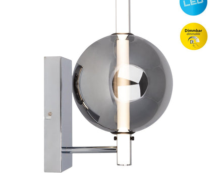 LED -wandlamp "Nova" chroom gemaakt van metaal en rookglas, met geïntegreerde LED, 31,3 cm hoog