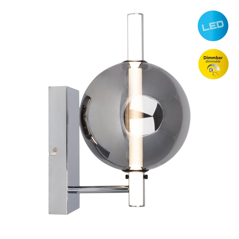 LED -wandlamp "Nova" chroom gemaakt van metaal en rookglas, met geïntegreerde LED, 31,3 cm hoog