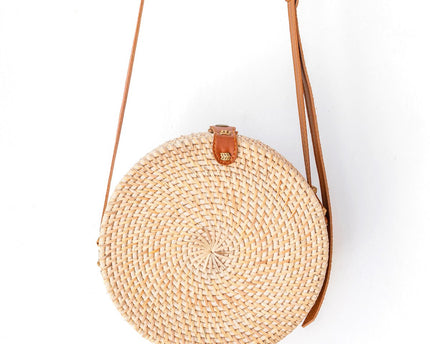 Ronde rotan tas beige handgemaakte crossbody tas met synthetische lederen riemen schoudertas Boho Bali tas SENJA (natuurlijk)
