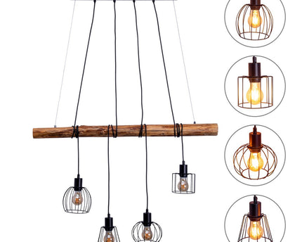 4 hanglamp "Woodland", hanglamp, metaal en hout in zwart en natuurlijke E27 -aansluiting, voor eetkamer, woonkamer, gang of kantoor, 100 cm lang