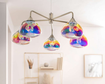 LED-hanger Lamp 5-Flame "Varna", hanglamp gemaakt van messing gekleurd metaal- en irisglas, stevig ingebouwde LED's, 50 cm diameter, stijlvolle verlichting voor woonkamer, eetkamer of gang