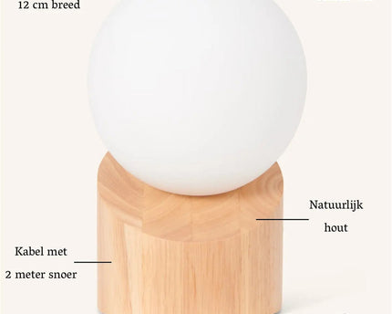 Quin lichtbruine houten lamp met koord - duurzaam rubberwood en matglas