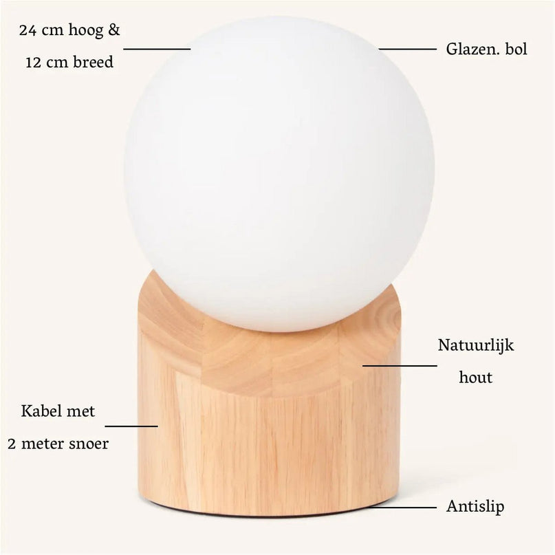 Quin lichtbruine houten lamp met koord - duurzaam rubberwood en matglas