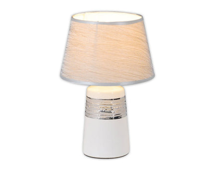 Keramische tafellamp "Vittoria" 31 cm hoog, Ø 20 cm, gemaakt van keramiek, metaal en stof gemaakt van polyester, wit en zilver