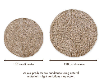 Zeegrasvloerkleed rond 100/120 cm – vloerkleed in bohostijl – rond vloerkleed naturel – handgeweven beige natuurvloerkleed (2 maten) LOKA