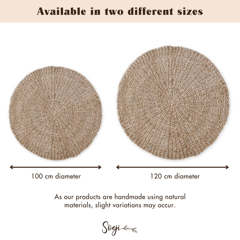 Zeegrasvloerkleed rond 100/120 cm – vloerkleed in bohostijl – rond vloerkleed naturel – handgeweven beige natuurvloerkleed (2 maten) LOKA