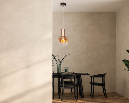 1 serie hanger "Funda" 150 cm hoog, Ø 23,5 cm, gemaakt van geborsteld messing met metaal en barnsteen -gekleurd glas, E27, voor woonkamer, eetkamer, keuken en kantoor
