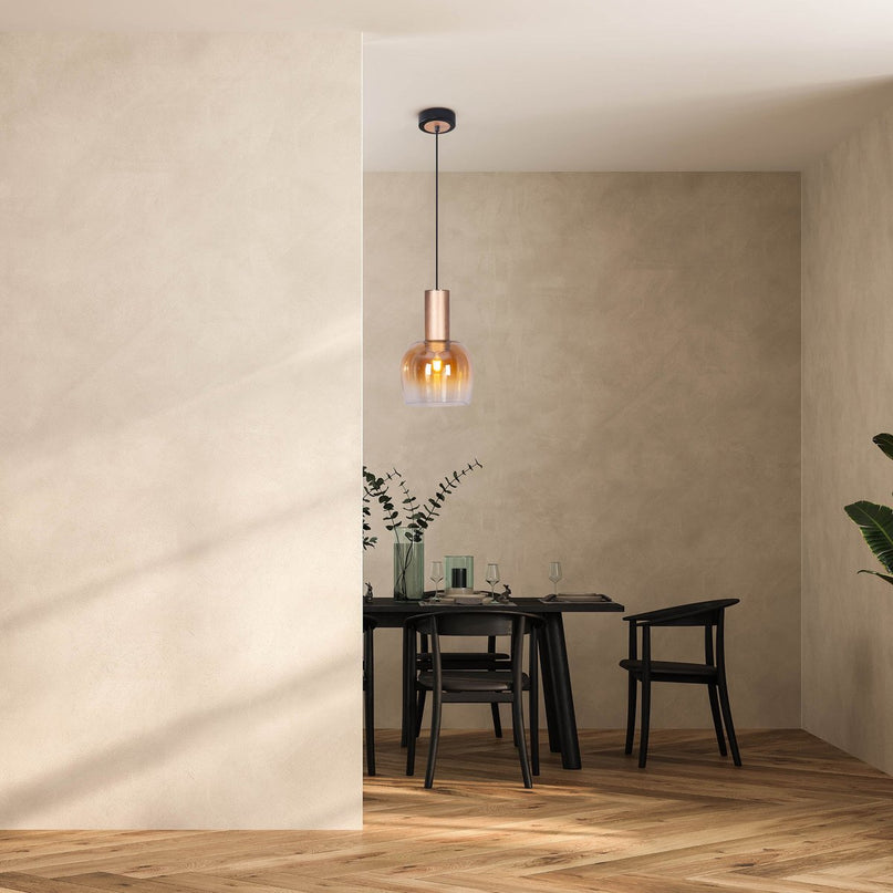 1 serie hanger "Funda" 150 cm hoog, Ø 23,5 cm, gemaakt van geborsteld messing met metaal en barnsteen -gekleurd glas, E27, voor woonkamer, eetkamer, keuken en kantoor