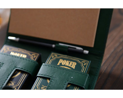 2 pokerspellen met pen en lakens in een lederen groene carpin faux
