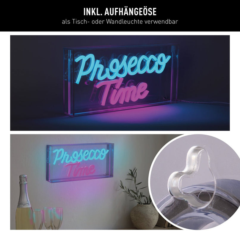 LED-lettertype Light "Prosecco Time" decoratie voor binnen 30 x 15 cm, in blauw en magenta-rood