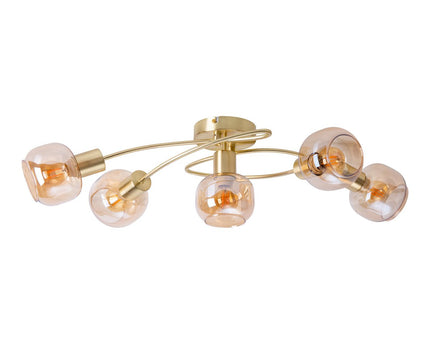 5er spot/plafondlamp "libby" messing, klassiek plafondlamp gemaakt van messing gekleurd metaal en getinte glas in barnsteen, met E14-aansluiting, voor eetkamer, woonkamer, gang of kantoor, 65,5 cm lang