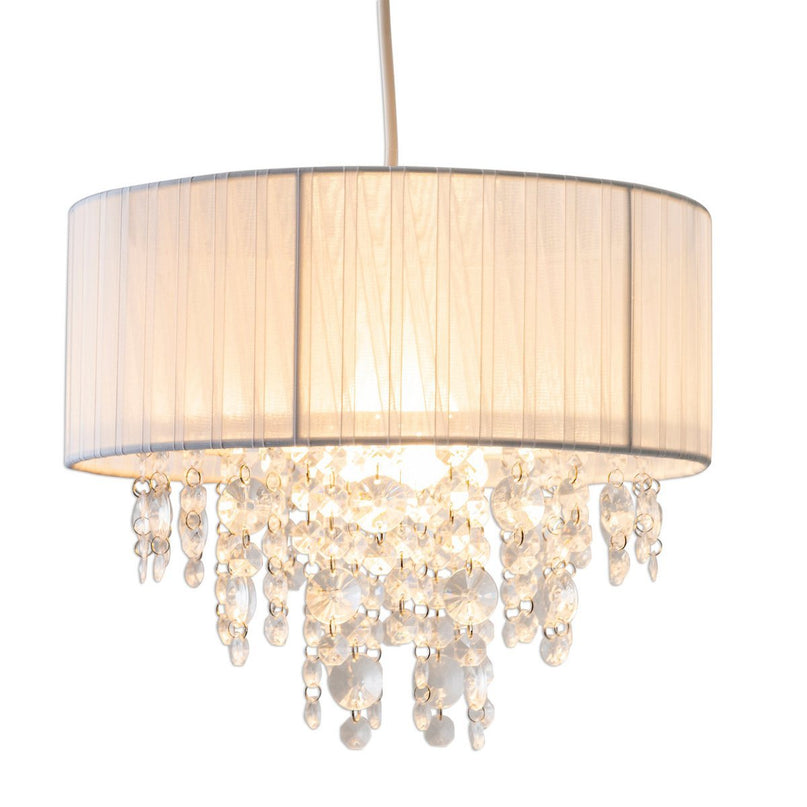 Decoratieve hanglamp "Crystallo", hanglamp gemaakt van metaal, transparant plastic en wit textielmateriaal, E27 -aansluiting, voor eetkamer, woonkamer, gang of kantoor, 30 cm diameter