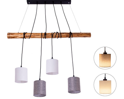 4 hanglamp "Malta" gemaakt van metaal en hout, met textielparaplu's in grijs en wit, E27 -aansluiting, verlichting voor woonkamer, kantoor of nachtkastje