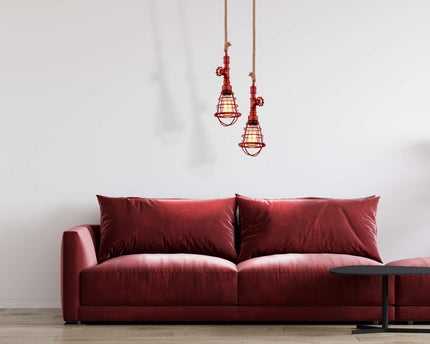 Hanger lamp "regia", rood metaal, henneptouw, E27 -versie, verlichting voor woonkamer, jeugdruimte of kantoor