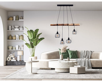 4 hanglamp "Woodland", hanglamp, metaal en hout in zwart en natuurlijke E27 -aansluiting, voor eetkamer, woonkamer, gang of kantoor, 100 cm lang