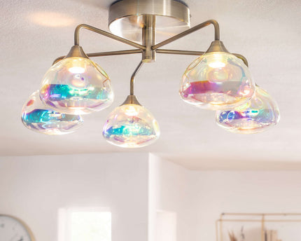 LED-plafondlamp 5-flame "varna", plafondlamp gemaakt van messing gekleurd metaal en irisglas, met stevig geïnstalleerde LED's, 50 cm diameter, stijlvolle verlichting voor woonkamer, eetkamer of gang