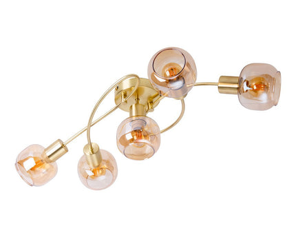 5er spot/plafondlamp "libby" messing, klassiek plafondlamp gemaakt van messing gekleurd metaal en getinte glas in barnsteen, met E14-aansluiting, voor eetkamer, woonkamer, gang of kantoor, 65,5 cm lang