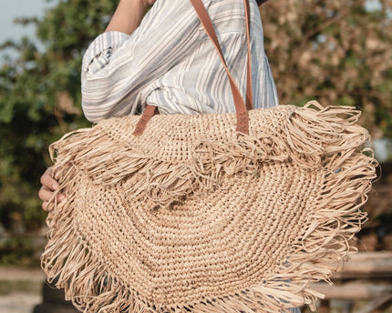 Beige schoudertas met franjes Strandtas Tote Boodschappentas SUMBAWA