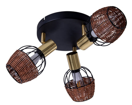 3 "Corbis" plafond Rondel, metalen plek in zwart, met goud en rattan, met E14 -aansluiting, voor eetkamer, woonkamer, gang of kantoor, verlichting voor woonkamer, eetkamer of kantoor, 38 cm diameter, diameter van 38 cm