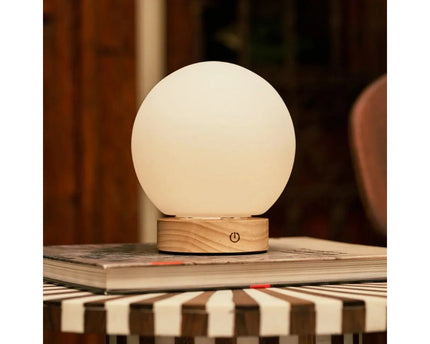Flore lichtbruine houten lamp met glazen lamp - oplaadbaar en dimbaar draadloos licht