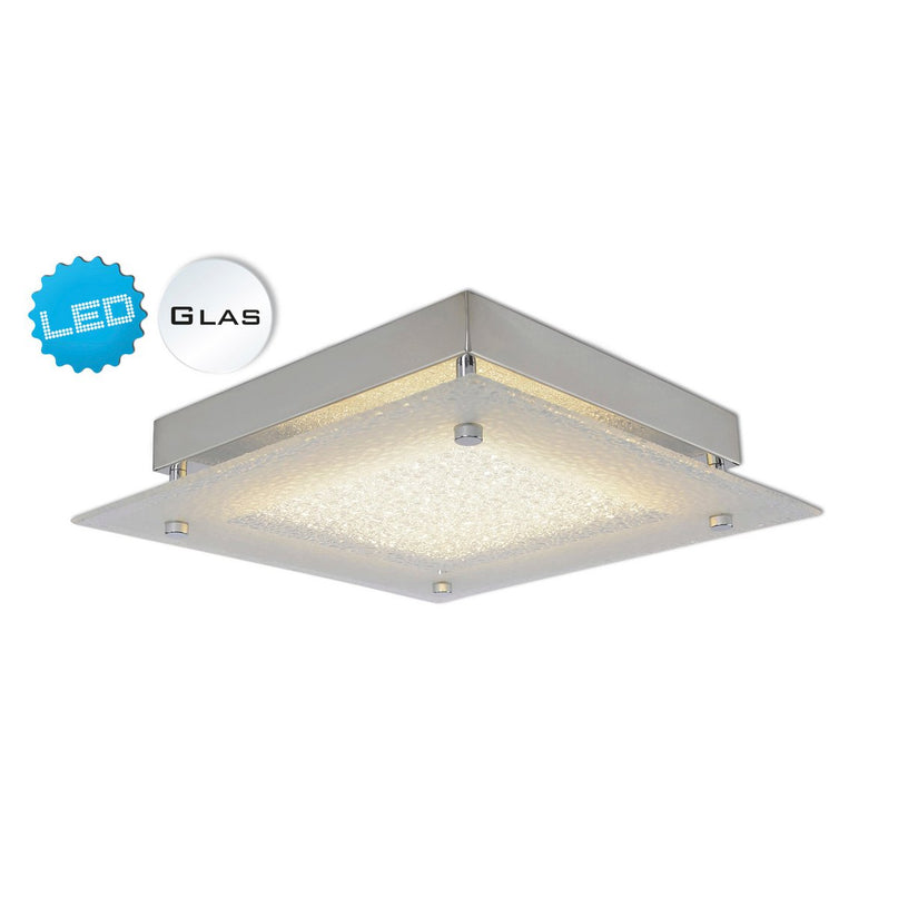 LED-plafondlamp met kristaloptica "Leeds", zijlengte 25 cm, gemaakt van chroomkleurig metaal en helder, gestructureerd glas, geïntegreerde LED's, warm wit