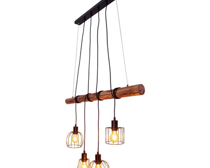 4 hanglamp "Woodland", hanglamp, metaal en hout in zwart en natuurlijke E27 -aansluiting, voor eetkamer, woonkamer, gang of kantoor, 100 cm lang