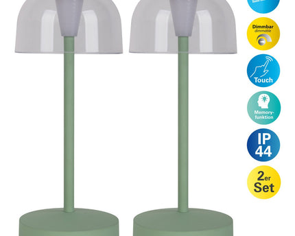 2-set LED-batterijtafellamp "Gomba" voor buiten en binnen, gemaakt van metaal en plastic in mint, 18,5 cm hoog