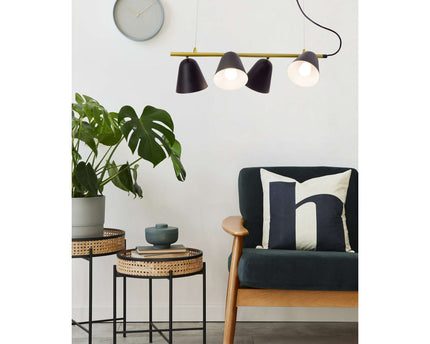 4-pending lamp "Triton" gemaakt van zwart metaal in zwart, met E27-aansluiting, verlichting voor woonkamer, eetkamer of kantoor.