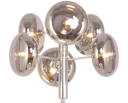 Staande lamp "Orion" rokerig, ongeveer 165 cm hoog, gemaakt van chroomkleurig, roestvrij staal en rookglas, G9-aansluiting, verlichting voor woonkamer, eetkamer of kantoor.