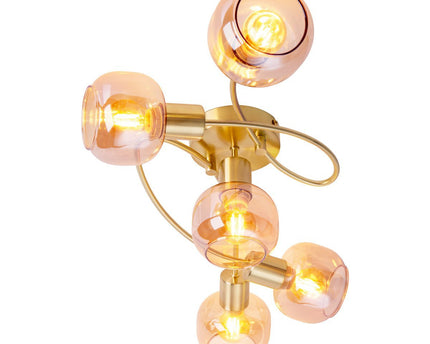 5er spot/plafondlamp "libby" messing, klassiek plafondlamp gemaakt van messing gekleurd metaal en getinte glas in barnsteen, met E14-aansluiting, voor eetkamer, woonkamer, gang of kantoor, 65,5 cm lang