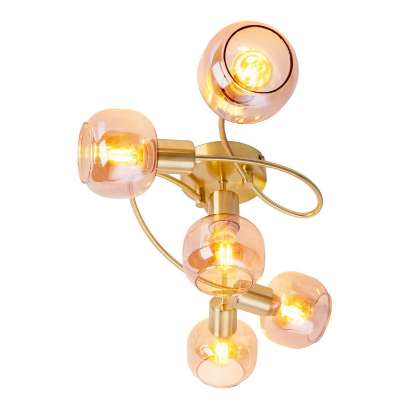5er spot/plafondlamp "libby" messing, klassiek plafondlamp gemaakt van messing gekleurd metaal en getinte glas in barnsteen, met E14-aansluiting, voor eetkamer, woonkamer, gang of kantoor, 65,5 cm lang