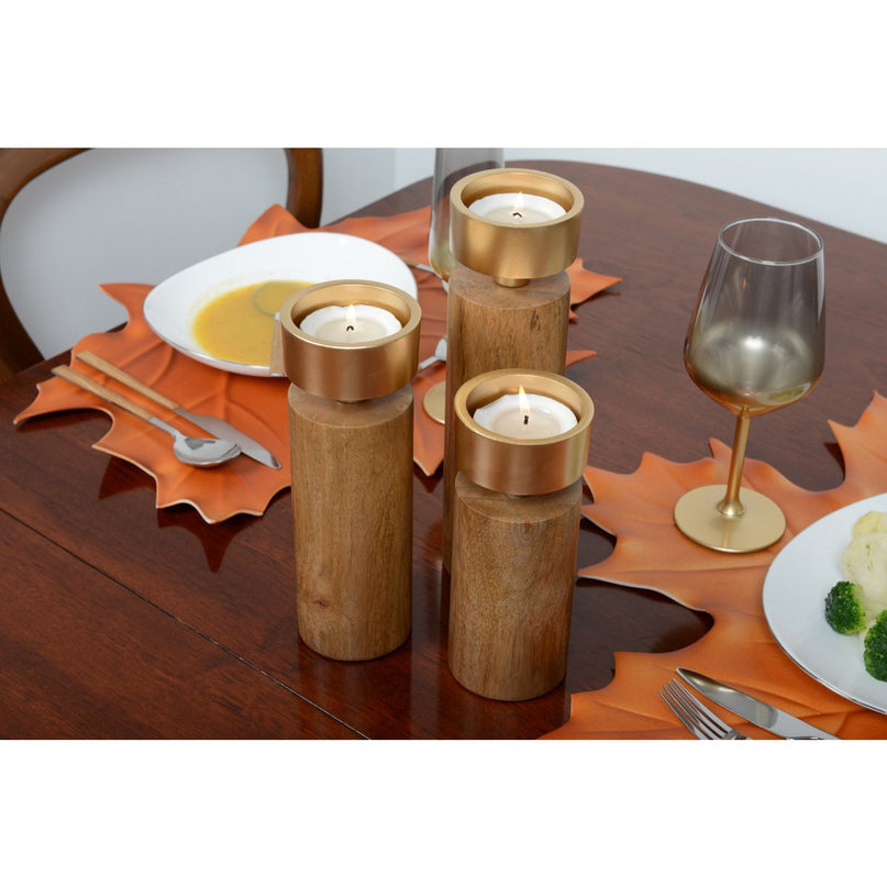 Hout- en gouden metalen kandelaar 23 cm