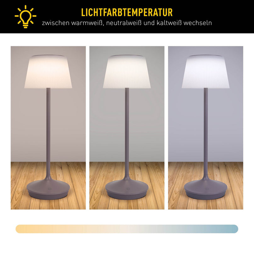Zonne -batterijlamp "EMMI" 38 cm hoog, paraplu Ø 13 cm, metaal in bramen en wit plastic, voor de buitenruimte, dimable CCT.