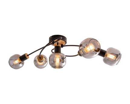5 plafondlamp "fumoso", metalen plafondlamp en glas in zwart, met E14 -aansluiting, voor eetkamer, woonkamer, hal of kantoor, plafondlamp 65,6 x 25,5 cm