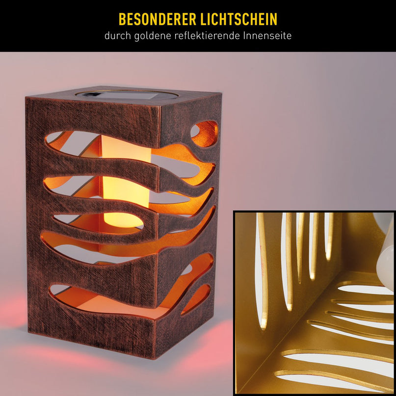LED Decoratie Solar Light "Hilda", 12,3 x 12,3 cm, 20 cm hoog, gemaakt van hoogwaardige plastic, binnen goud, goudbruine metalen afwerking, geïntegreerde LED, warm wit