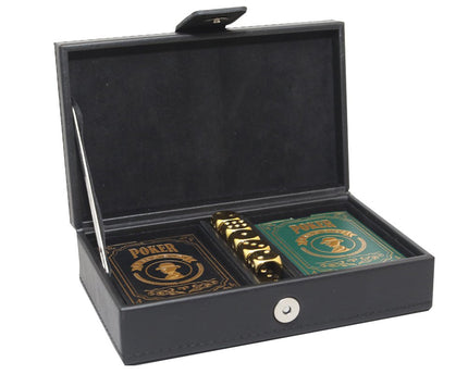 2 pokerspellen en 5 gouden dobbelstenen briefs in zwart faux leer