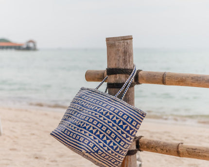 Blauwe boodschappentas | Strandtas | Shopper KIDUL gemaakt van rotan
