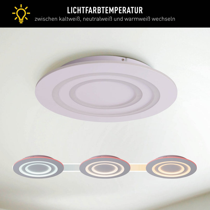 LED-plafondlicht "mirel" Ø 50 cm, 6 cm hoog, metaal en plastic in wit, geïntegreerde LED's, 2400 lm, dimmable, CCT-functie 3000-6500 K, RGB kleurverandering