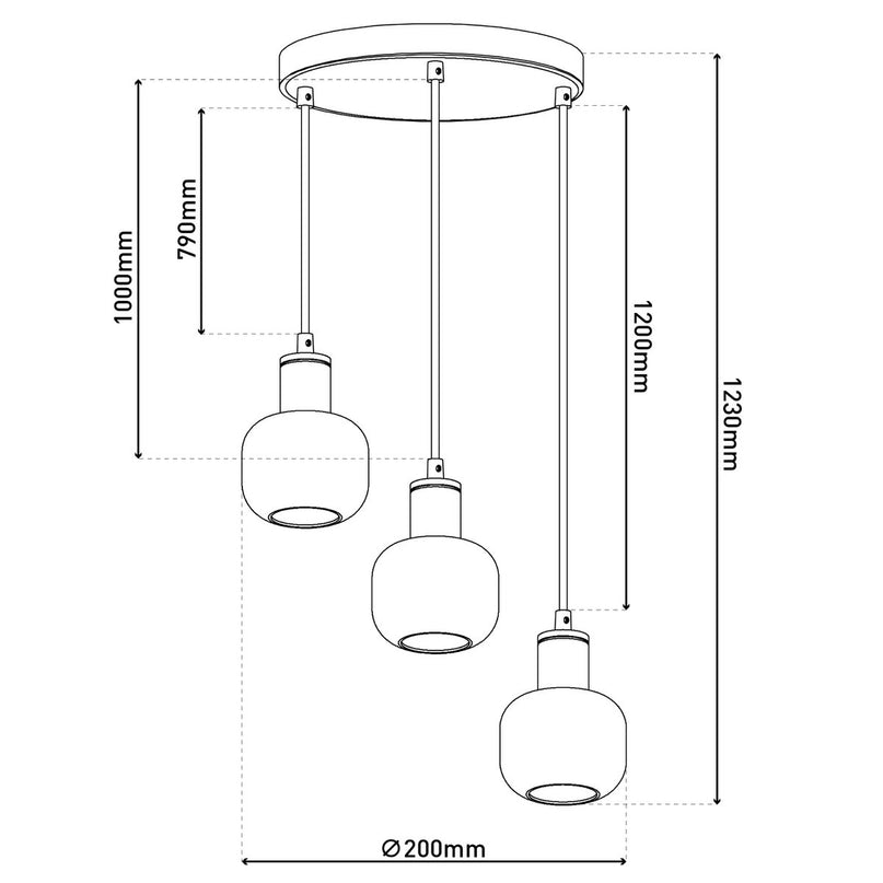 3 plafondlamp "fumoso", hanglamp gemaakt van metaal en glas in zwart, met E14 -aansluiting, voor eetkamer, woonkamer, hal of kantoor, hangende lamp Totale hoogte 123 cm.