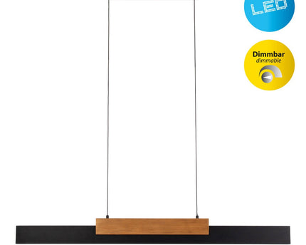 LED hanger lamp Brown "Wiebke" bestaat uit metaal en hout (MDF) in zwart en bruin. Het is ongeveer. 120,5 cm lang, ca. 6 cm breed en tot ongeveer. 150 cm hoog. Hoogte verstelbaar, met geïntegreerde lamp, dimbaar, met geheugeneffect