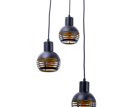 3-zits hanglamp "Casco" hangende lamp gemaakt van metaal in zwart en goud, met E27-versies. Stijlvolle verlichting voor woonkamer, eetkamer of keuken.