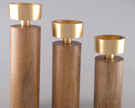 Hout- en goudmetalen kandelaar 19 cm