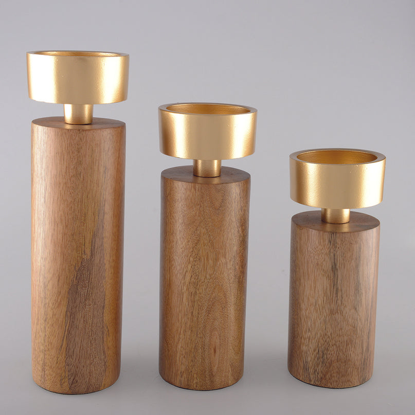 Hout- en goudmetalen kandelaar 19 cm